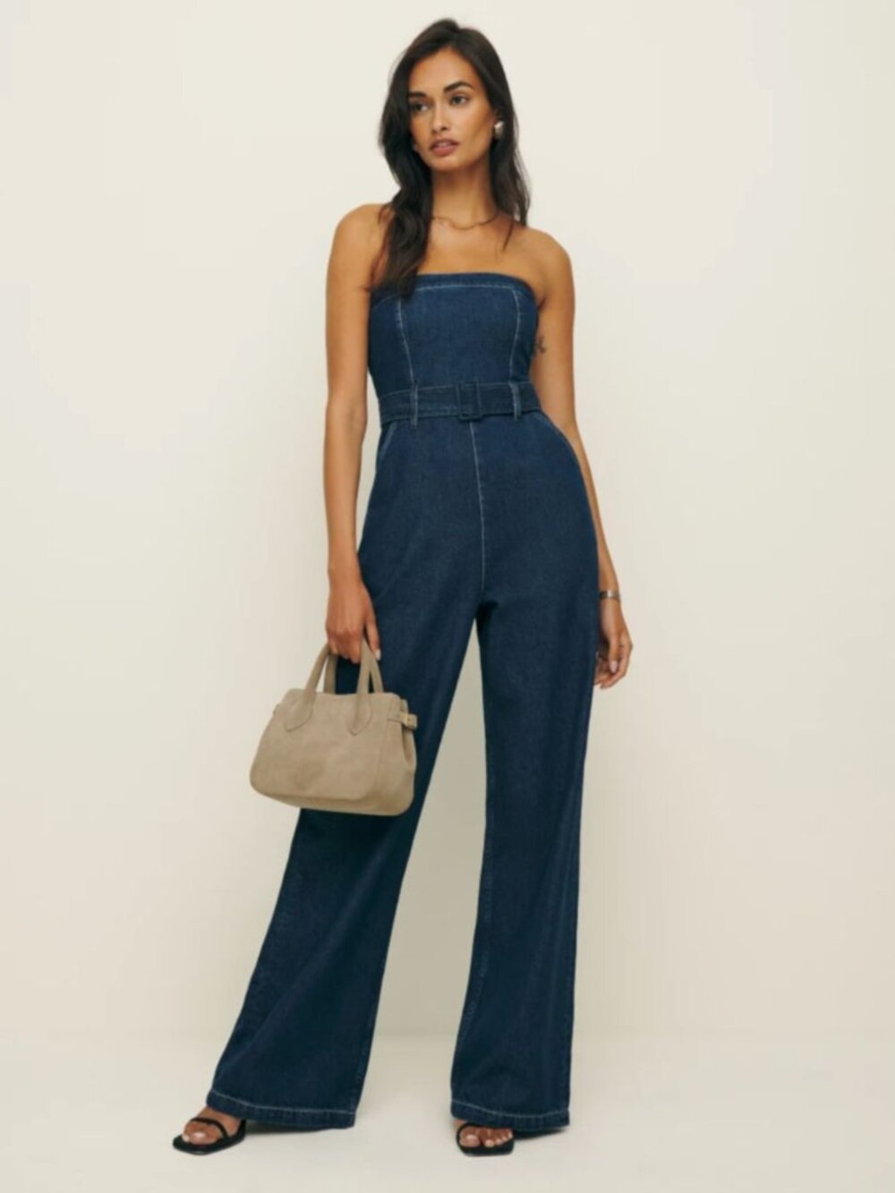 Reformation Eva Jumpsuit Womens 0 Denim Strapless Wide Leg Belted Blue Romper